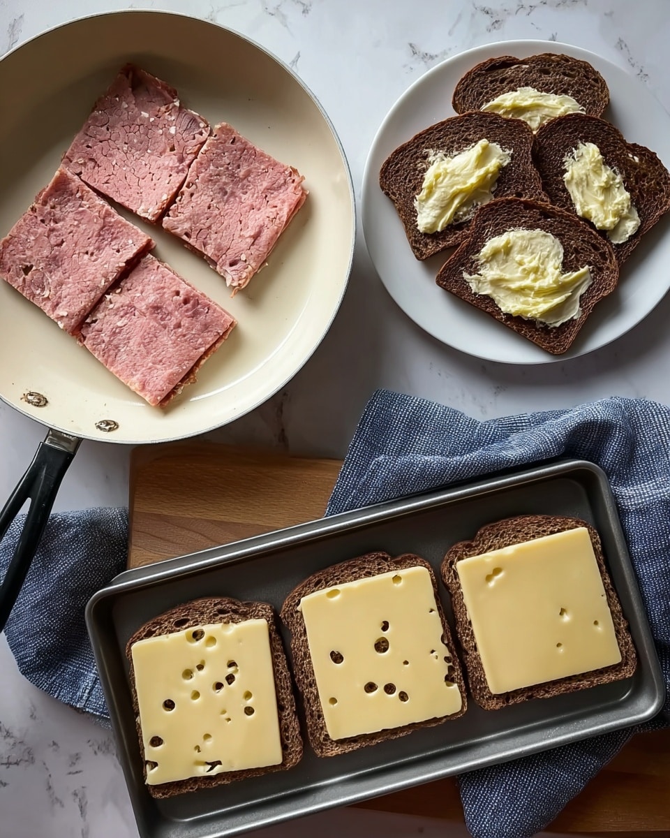The image shows two thick sandwich halves in the front and two halves out of focus in the back, all stacked on crumpled white paper. Each sandwich has three layers: the first and third layers are dark brown toasted bread with a rough texture, and the middle layer is filled with pinkish sliced meat, pale yellow melted cheese, and shredded white cabbage or sauerkraut creating a soft, textured look. The sandwiches are resting on a white marbled surface, with a blurred blue and white checkered fabric background. Photo taken with an iphone --ar 4:5 --v 7