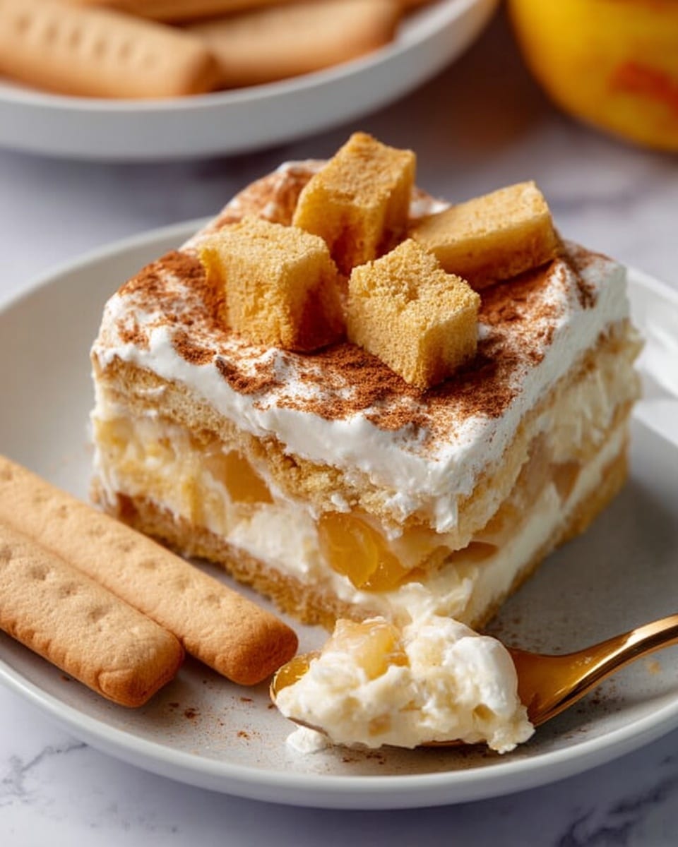 The image shows a square slice of peach dessert on a white plate, placed on a white marbled surface. The dessert has three clear layers: the bottom layer is light brown and crumbly, likely a crust; the middle layer is a creamy white with chunks of bright orange peach pieces mixed in; the top layer is a thick white cream sprinkled with a light dusting of brown spice, topped with several small pale beige cubes. In the background, there is a larger dish with the same dessert, a bowl with light-colored breadsticks, and whole peaches scattered around. Photo taken with an iphone --ar 4:5 --v 7