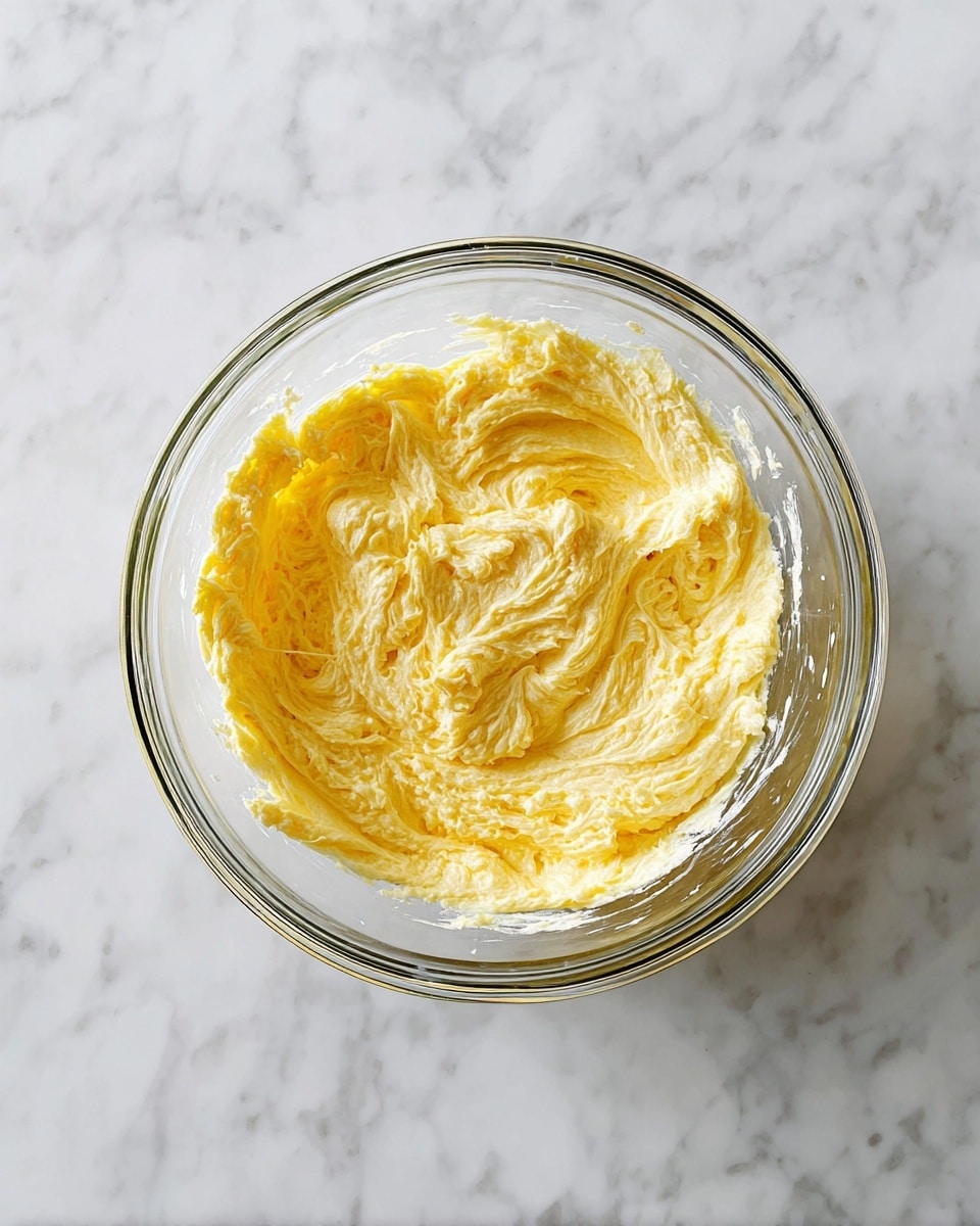 A clear glass bowl sits on a white marbled surface, filled with a creamy, light yellow mixture. The texture is soft and whipped, with visible swirls and folds throughout. The mixture appears smooth but thick, giving a sense of a rich batter or dough being prepared. The bowl is viewed from above, showing the mixture evenly spread inside. photo taken with an iphone --ar 4:5 --v 7