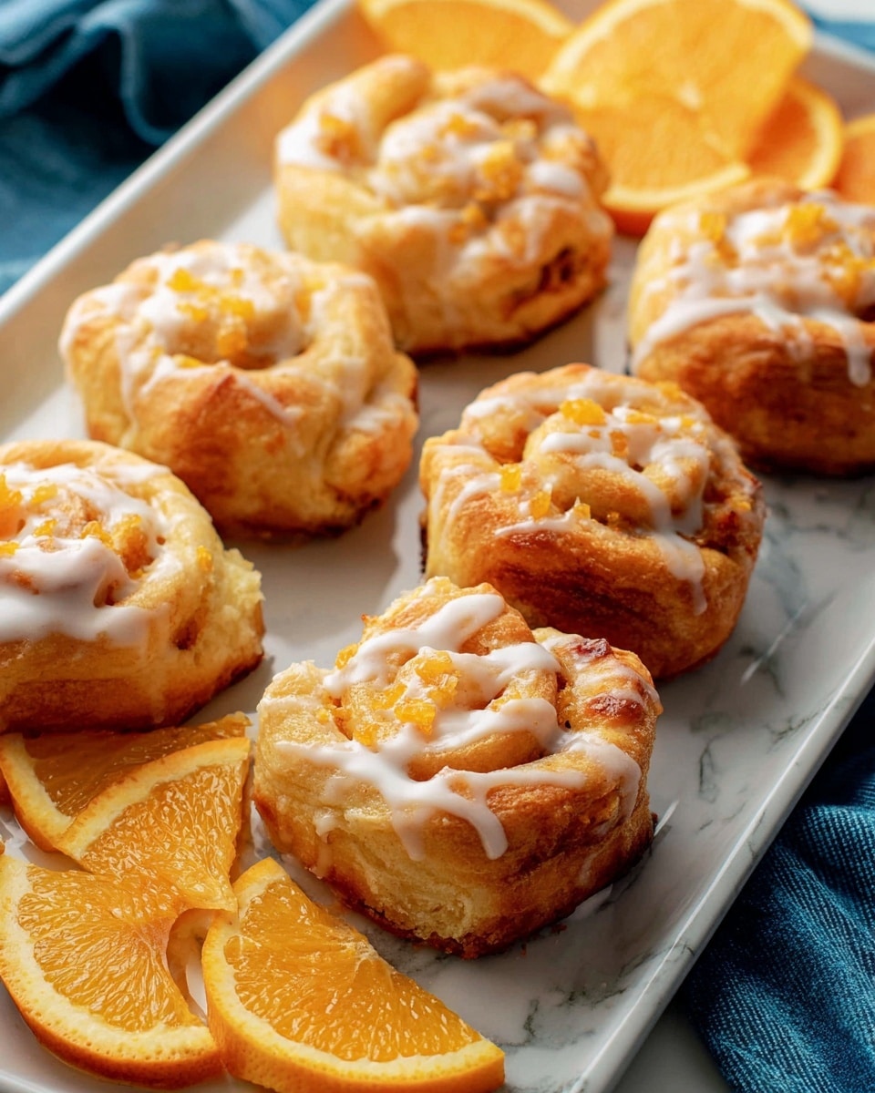 The image shows a white tray holding eight small rolls arranged in two rows, each roll made of layered light golden dough swirled with bits of orange rind visible inside. The rolls are topped with a thin drizzle of white glaze that glistens slightly. Around the tray, there are fresh slices of bright orange and orange peel, adding color. The whole scene sits on a white marbled surface, with a blue cloth peeking in the background. photo taken with an iphone --ar 4:5 --v 7
