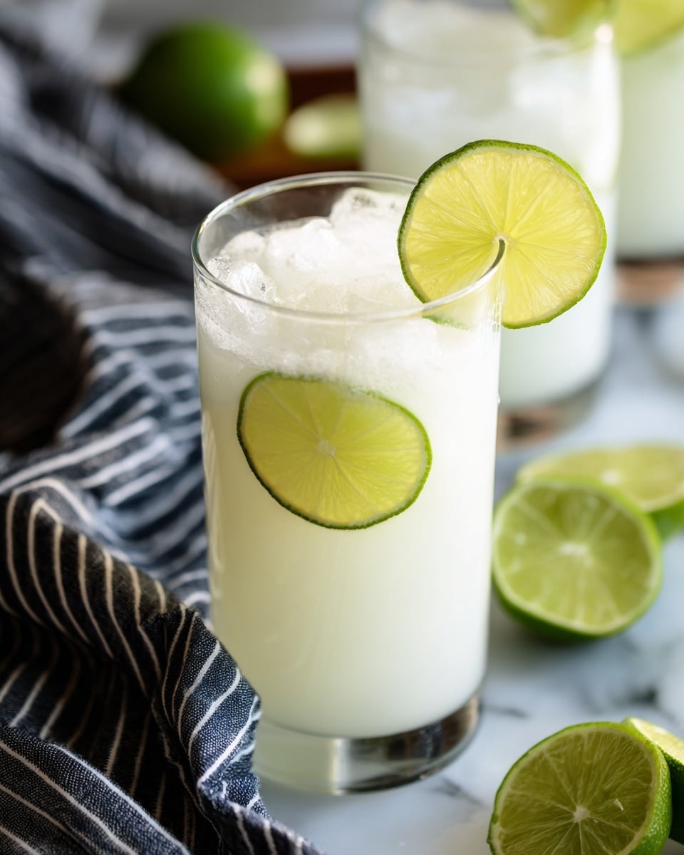 Two clear glasses filled with a white foamy drink and ice cubes, each topped with two thin lemon slices and a lemon wedge on the rim. The glasses are on a gray surface with scattered lemon pieces around. A white and gray striped cloth is placed nearby, with a white bowl holding green lemons in the upper left corner. photo taken with an iphone --ar 4:5 --v 7