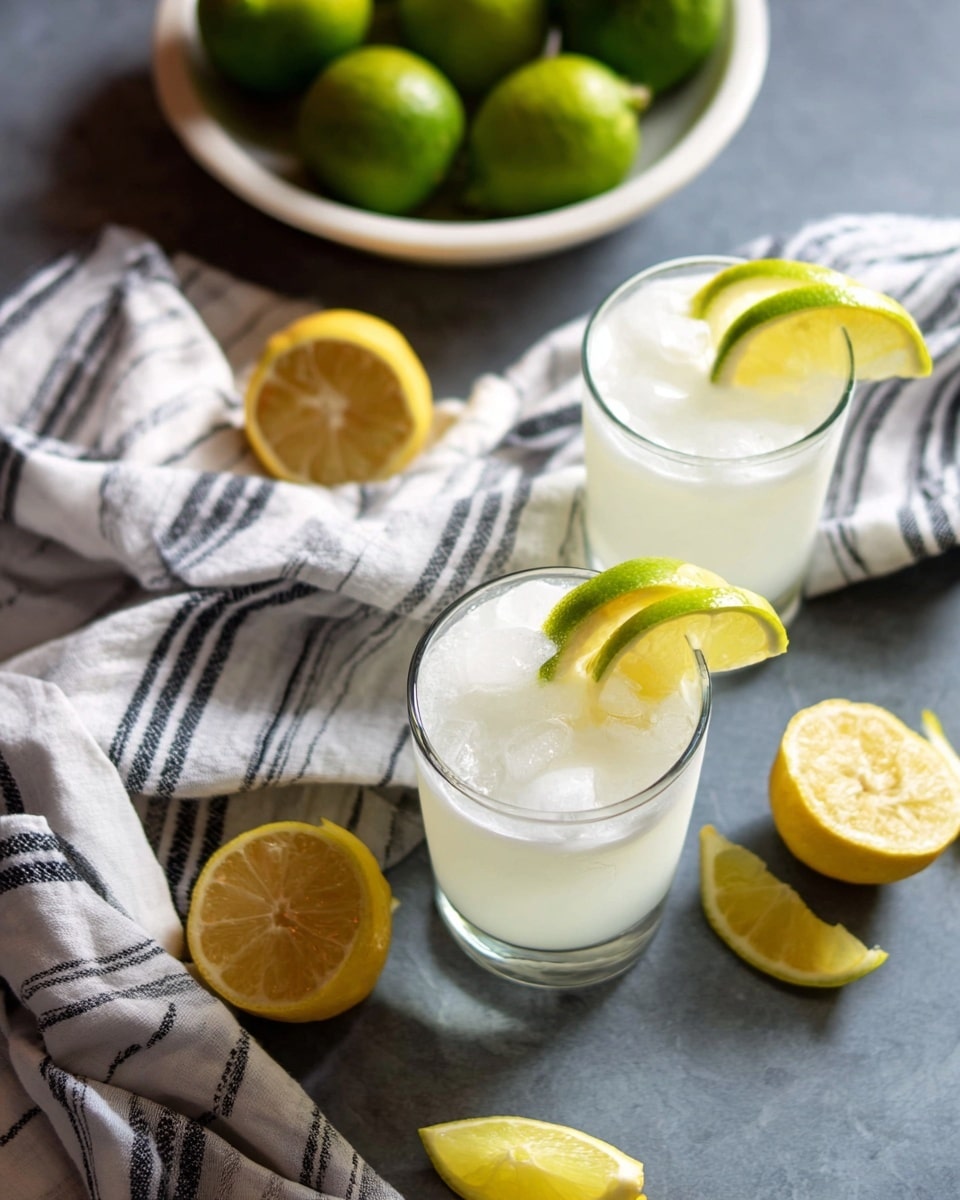 A clear tall glass filled with a creamy white drink topped with small ice cubes. On top, there are two thin lime slices with bright green edges floating gently, and a third lime slice is placed on the rim of the glass, showing its detailed texture. The glass is set on a white marbled surface with a soft focus on a striped black and white cloth in the background. There are parts of other similar glasses and lime halves slightly blurred around it. photo taken with an iphone --ar 4:5 --v 7
