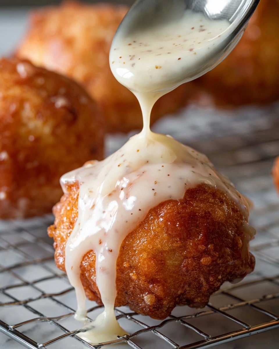 A close-up view of a warm, golden-brown fried dough ball placed on a metal cooling rack over a white marbled surface. The dough ball has a crispy and uneven texture on its surface with small bumps and cracks. A spoon above is pouring a creamy white glaze thickly speckled with tiny brown dots, slowly covering the top of the dough ball in a shiny, smooth layer that drips slightly down the sides. Another dough ball is visible blurred in the background. Photo taken with an iphone --ar 4:5 --v 7