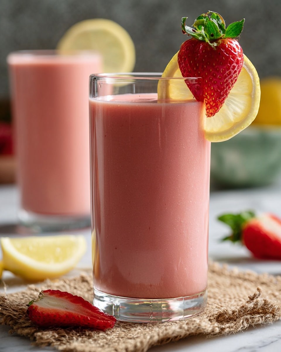 The image shows a glass filled with a pink smoothie that has a smooth texture and tiny bubbles on the surface. The glass is placed on a piece of coarse burlap fabric, lying on a white marbled surface. On top of the glass, there is a slice of lemon pitched vertically and a whole strawberry with green leaves positioned next to the lemon slice. Around the glass on the white marbled surface, there are half lemon slices and a halved strawberry with its red inside and seeds clearly visible. The photo taken with an iphone --ar 4:5 --v 7