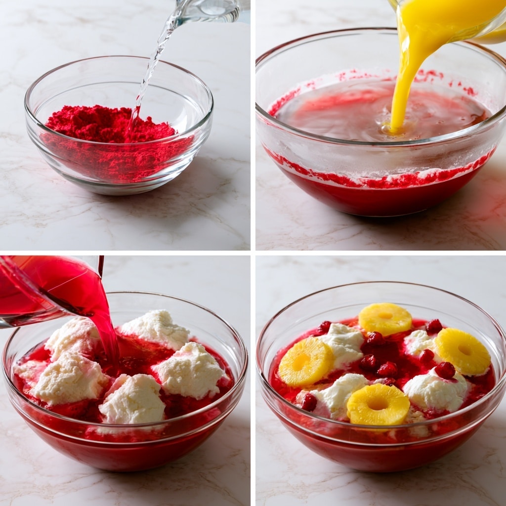 A clear glass filled with a bright red drink sits on a white round coaster atop a white marbled surface. The drink has three white foam scoops floating on top, decorated with two fresh red raspberries and a small green mint leaf at the center. Around the glass, there are scattered fresh raspberries and some green mint leaves, with part of a white bowl of raspberries blurred in the background. The overall setting is colorful with warm pink and peach tones in soft focus behind the drink, creating a cozy feeling. photo taken with an iphone --ar 4:5 --v 7