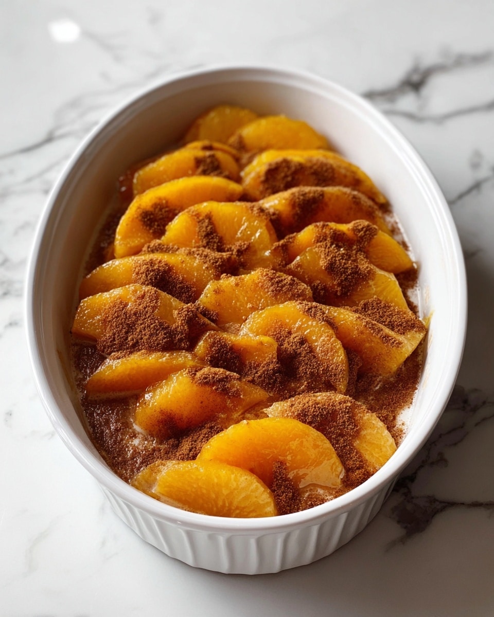 A white oval dish filled with evenly arranged slices of orange-yellow fruit in one layer, covered with a generous dusting of finely ground brown spice that lightly coats the fruit surfaces and some parts of the dish's edge, all set on a white marbled texture background photo taken with an iphone --ar 4:5 --v 7
