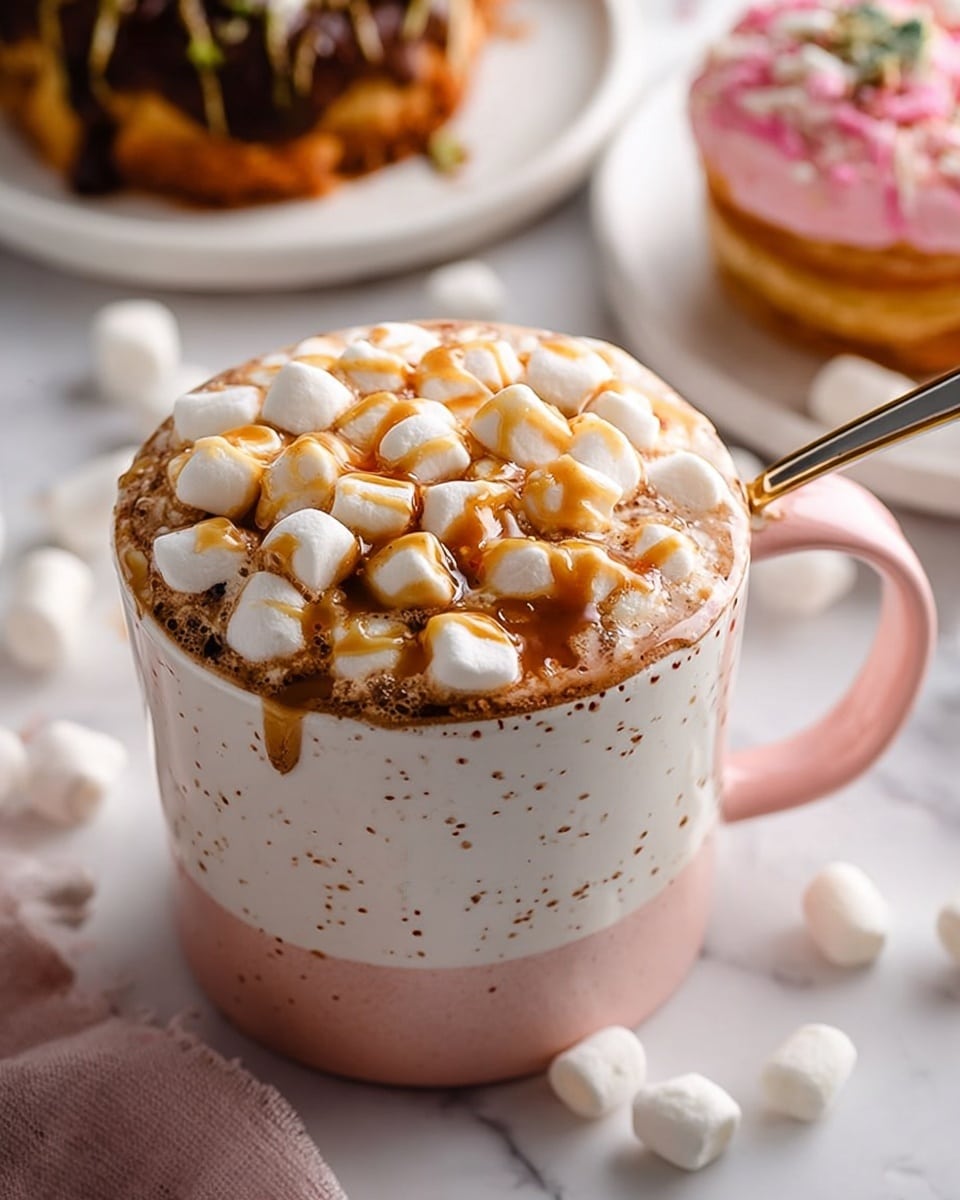 A close-up image of a large white ceramic mug with a pink handle and pink speckles around the upper part filled with hot chocolate. The hot chocolate is topped with a thick layer of small white marshmallows, some of which are drizzled with light caramel syrup. A white spoon is placed inside the mug on the right side, slightly covered by the marshmallows. The mug is placed on a white marbled surface with some scattered marshmallows nearby and blurred dessert items in the background. Photo taken with an iphone --ar 4:5 --v 7