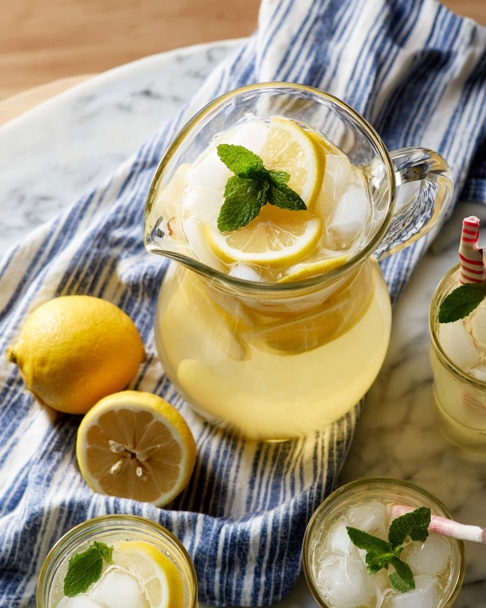 A tall clear glass is filled with light yellow lemonade that is half covered by large white ice cubes on top. A white straw with red dots is placed in the glass, leaning slightly to the side, and a small fresh green mint leaf decorates the top near the straw. The glass sits on a blue and white striped cloth, all set on a white marbled surface. Photo taken with an iphone --ar 4:5 --v 7