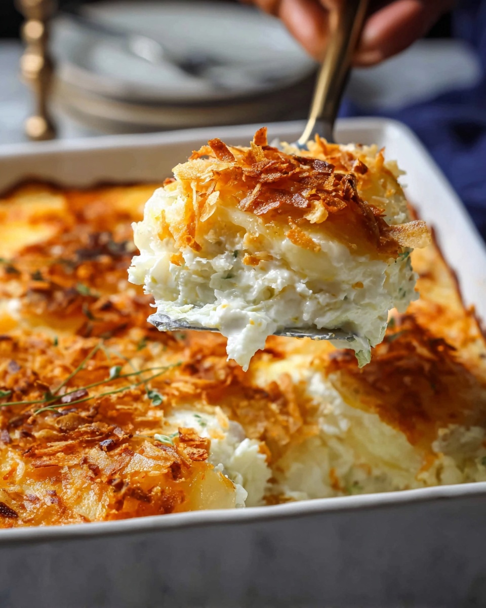 A white square dish filled with a baked casserole that has three visible layers: the bottom layer is creamy white and soft, the middle layer is a bright orange melted cheese layer, and the top layer is a golden brown crispy topping made of crushed cornflakes. One corner of the casserole is scooped out with a silver spoon, showing the layered textures. The dish is set on a white marbled surface with part of a blue and white checkered cloth and a vintage kitchen scale in the background. Photo taken with an iphone --ar 4:5 --v 7
