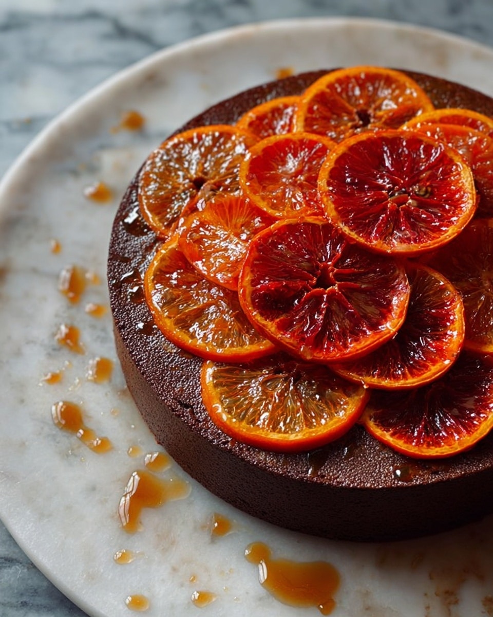 A round chocolate cake with a smooth, dark brown surface sits on a white marbled table. On top of the cake, there are two layers of thin orange slices. The bottom layer has orange slices placed flat in a circle, while the top layer has another circle of orange slices stacked neatly in the center. The orange slices are shiny and have a translucent, slightly caramelized look with a mix of bright orange and deep red hues. Drops of syrup are scattered around the cake on the white marbled surface. photo taken with an iphone --ar 4:5 --v 7