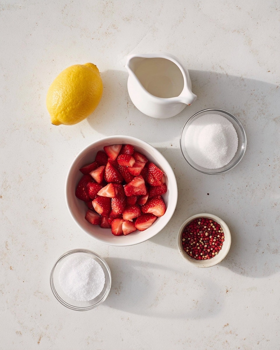 A clean flat lay of ingredients on a white marbled surface shows one whole yellow lemon at the top center. Below to the left is a white bowl filled with bright red chopped strawberries. To the right of the lemon is a white small pitcher with white granulated sugar inside. Below the sugar pitcher is a small clear bowl with a white powder, likely starch. To the bottom left of the strawberries is a small white bowl containing coarse white salt. At the bottom right, there is a small white bowl filled with small red peppercorns. The arrangement is simple and neat with soft natural light, photo taken with an iphone --ar 4:5 --v 7