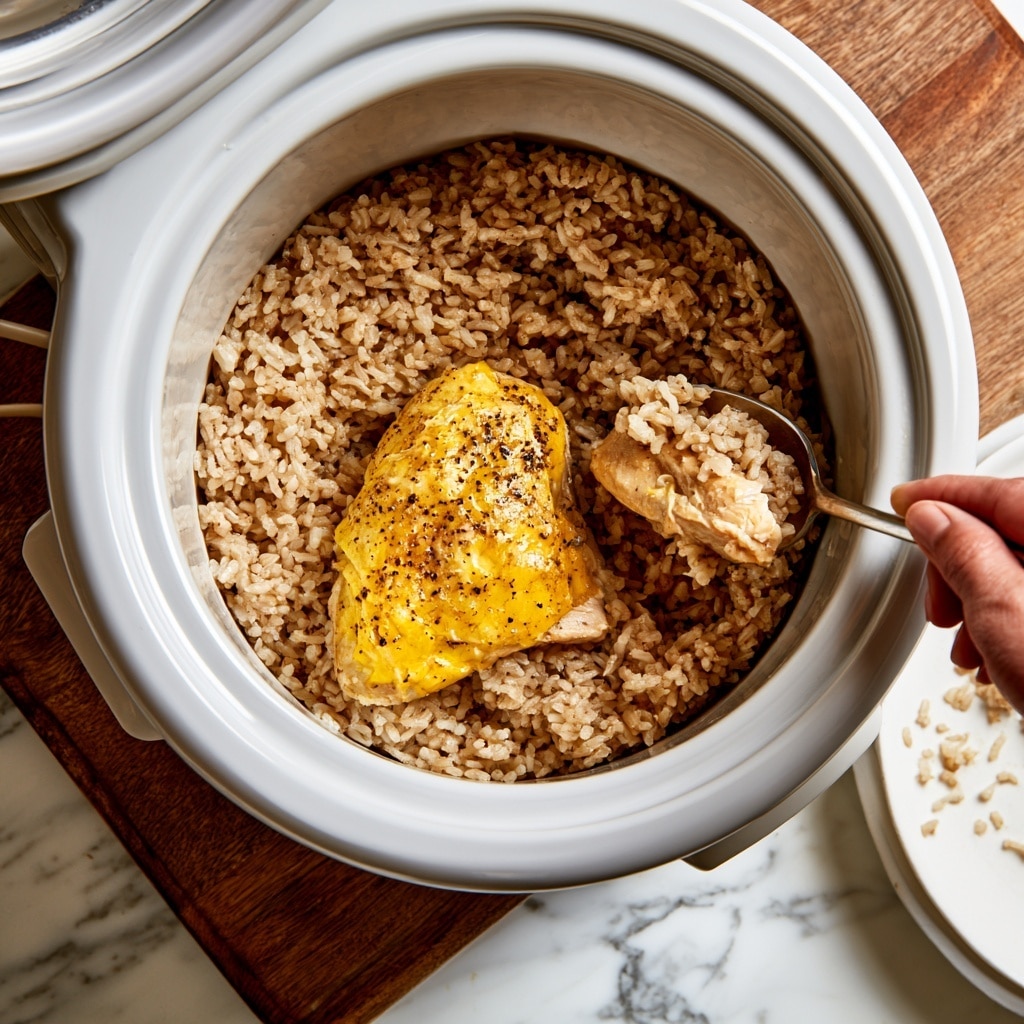 A white rice cooker is open on a wooden board with a white marbled surface underneath. Inside, there is a layer of brown cooked rice filling the cooker, topped with a single piece of cooked chicken with yellowish skin and visible black pepper seasoning. A woman's hand is holding a spoon, lifting a piece of the chicken and some rice onto a white plate, which has some scattered grains of rice. Two dark brown sauce bottles with red and blue caps are placed on the upper left side near the cooker. Photo taken with an iphone --ar 4:5 --v 7