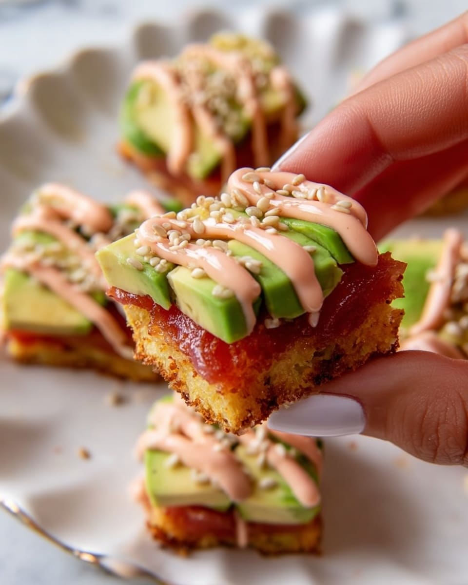 A close-up of a small, square food piece held by a woman's hand, showing three clear layers: the bottom is golden and crispy textured, the middle layer is fresh bright green slices, and the top layer is reddish with a slightly shiny look. The food is topped with light pink sauce drizzled in thick lines and sprinkled with small white sesame seeds. In the background, similar pieces are arranged on a white plate with a scalloped edge, placed on a white marbled surface. Photo taken with an iphone --ar 4:5 --v 7