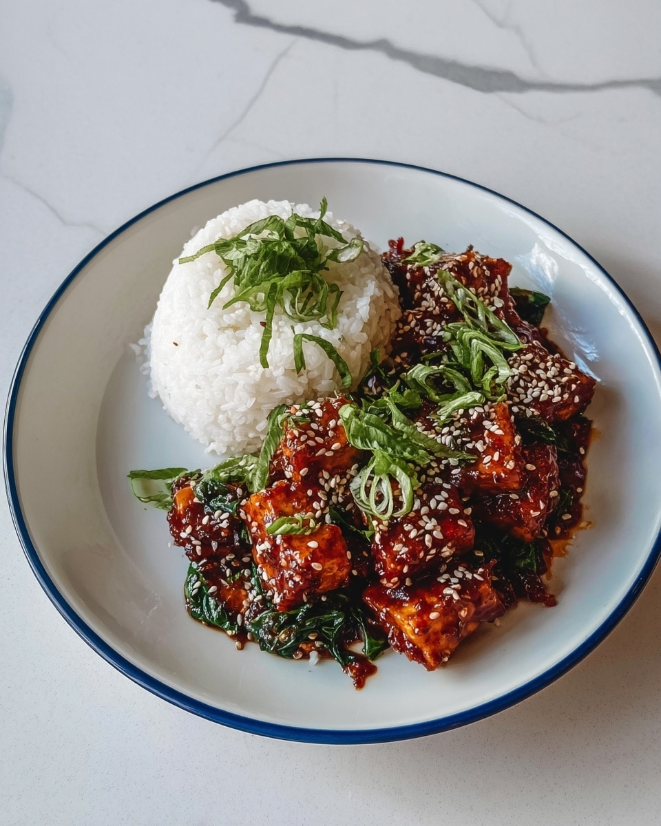 The image shows several pieces of tofu evenly coated in a thick, shiny dark red sauce with visible sesame seeds scattered on top. The tofu pieces have a slightly crispy texture on the outside and are nestled among bright green basil leaves, which add a fresh contrast to the rich sauce. The sauce appears bubbling and glossy, covering the tofu and leaves almost completely, creating a rich and inviting look. The background is a white marbled texture, enhancing the vibrant colors of the dish photo taken with an iphone --ar 4:5 --v 7