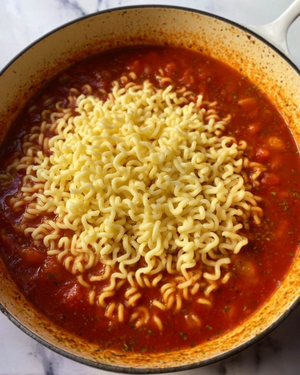 This image shows a pot of bright red tomato sauce with visible herbs and small chunks of tomatoes filling the bottom layer. On top of the sauce is a thick layer of cooked, curly yellow pasta, piled in the center with a slightly soft texture. The pot is placed on a surface with a white marbled background. The photo taken with an iphone --ar 4:5 --v 7