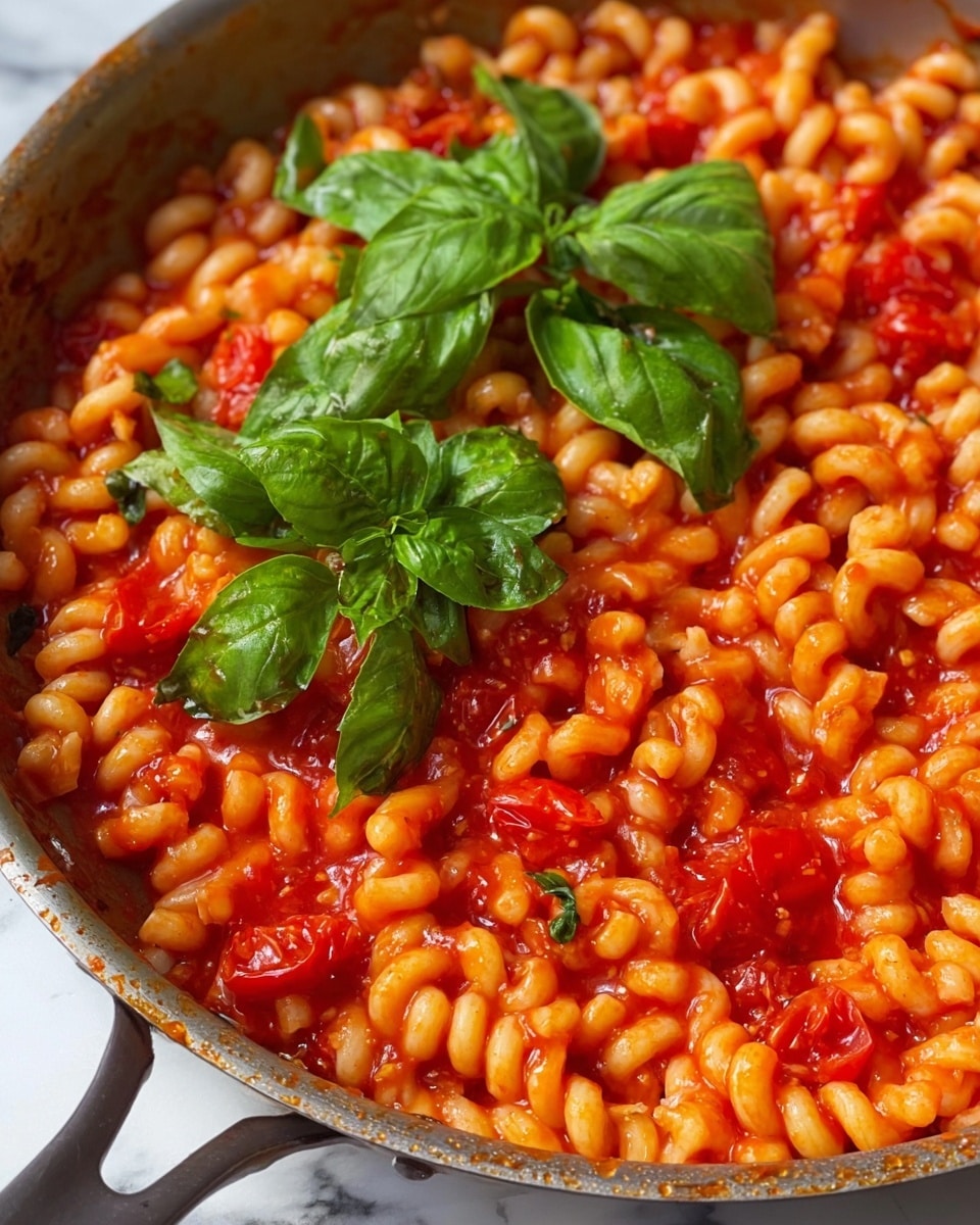 The image shows a close-up of a pan filled with curly pasta coated in a bright red tomato sauce, with small chunks of cooked tomatoes scattered throughout. On top, a layer of fresh, large green basil leaves sits slightly folded, adding vibrant color and texture contrast to the dish. The sauce clings to the pasta, making both look moist and flavorful, and the pan’s light interior edges frame the food, all set on a white marbled surface. Photo taken with an iphone --ar 4:5 --v 7