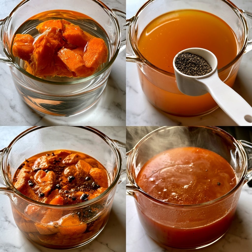 The series shows a clear glass pot placed on a white marbled surface, with bright orange turmeric pieces being placed inside by a woman's hand wearing yellow gloves. The pot is filled with clear water in the first frame, which then slowly turns into a warm orange color as the turmeric steeps. In the third frame, a woman's hand holds a white measuring spoon filled with black pepper, ready to add it to the pot. The last image shows the pot with the turmeric pieces settled at the bottom, black pepper floating, and the liquid turned into a deep reddish-orange color with steam rising, indicating the mixture is hot. photo taken with an iphone --ar 4:5 --v 7