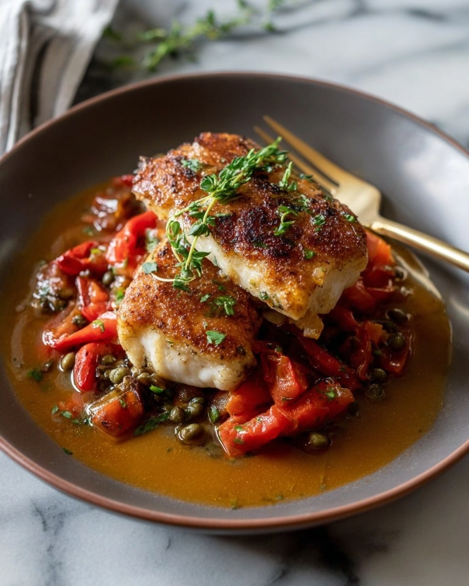 A black cast iron pan with a blue handle holds four browned pieces of chicken with crispy skin, arranged evenly in a rich red tomato sauce. Inside the sauce, there are visible chunks of red bell pepper slices and small green capers. The dish is garnished with fresh thyme sprigs in the center of the pan. The pan is set on a dark wooden surface with a folded gray cloth and two small white bowls containing capers and dried herbs nearby. The overall scene has a rustic feel with warm tones. photo taken with an iphone --ar 4:5 --v 7