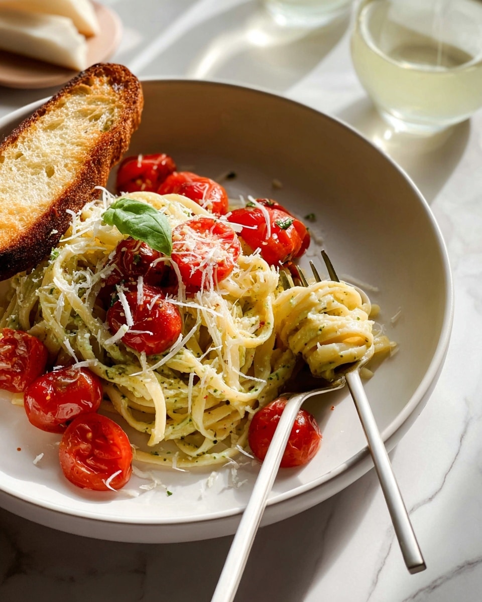 A white plate holds a nest of light green pasta coated in creamy sauce, topped with bright red cherry tomato halves and a sprinkle of white grated cheese. A small bunch of fresh green basil leaves sits on the left side of the pasta. Behind the pasta, a single piece of golden toasted bread rests on the plate. To the right of the plate, there is a fork and spoon with white handles resting on the plate's edge. In the background, another white bowl contains a similar pasta salad with cherry tomatoes and basil, along with a piece of toasted bread. A glass of light yellow white wine is placed near the bowl, all set on a white marbled surface photo taken with an iphone --ar 4:5 --v 7