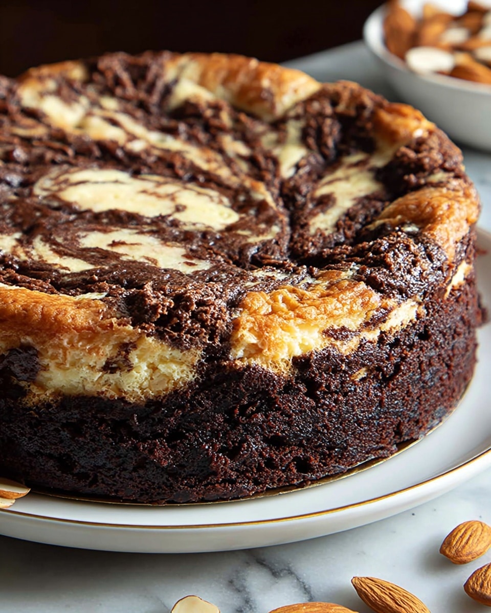 A round, dark brown chocolate dessert with a bubbly, rich texture covers the top layer on a white oval plate with a red base. In the center, there is a scoop of white vanilla ice cream with smooth texture, drizzled with dark brown chocolate syrup, sitting on a mix of lighter beige crumbs and chocolate pieces. Steam rises gently from the warm dessert. Nearby, there is a white dish holding more chocolate dessert pieces, and gold fork and spoon rest on the side with a white marbled surface under everything. Photo taken with an iphone --ar 4:5 --v 7