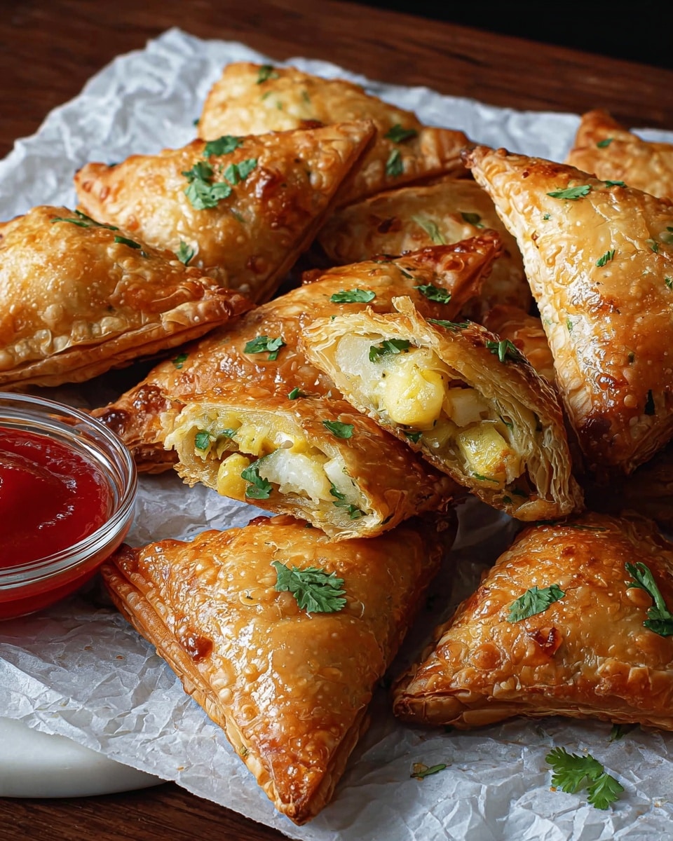The image shows nine golden brown, triangular pastries with a shiny baked crust arranged on crumpled white parchment paper on a wooden surface. Each pastry has detailed crimped edges where the dough layers meet, showing a layered texture. Small green herb leaves are placed on top of some pastries, adding a fresh touch. To the top right, there is a clear round glass bowl filled with a smooth, bright red sauce. The background has a white marbled texture instead of the wooden surface. photo taken with an iphone --ar 4:5 --v 7