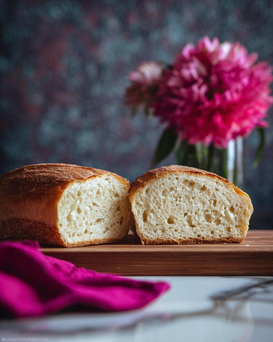 Two golden brown loaves of bread with shiny, smooth crusts sit side by side on a wooden slatted board. Each loaf has five diagonal slashes on top showing lighter, soft dough beneath the crust. The board rests on a white marbled surface with a purple cloth folded around one side. The image shows warm lighting emphasizing the fresh baked texture of the bread. photo taken with an iphone --ar 4:5 --v 7