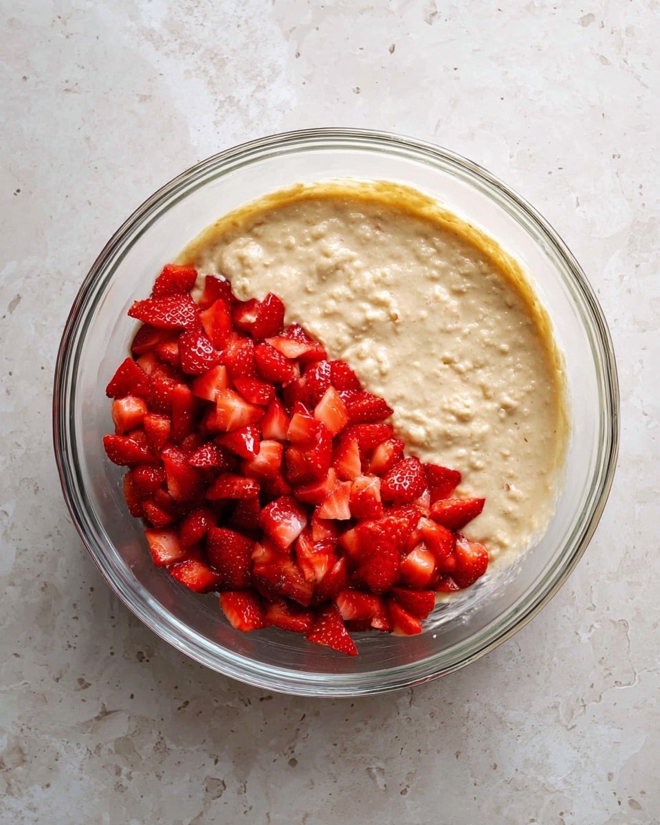A clear glass bowl sits on a white marbled texture background, filled halfway with a thick, light beige batter that has small lumps and a creamy texture. On the right side of the batter, there is a pile of bright red chopped strawberries with a juicy, glossy appearance, resting on top of the batter. The contrast between the smooth batter and the fresh fruit creates a clear split in the bowl's contents. Photo taken with an iphone --ar 4:5 --v 7