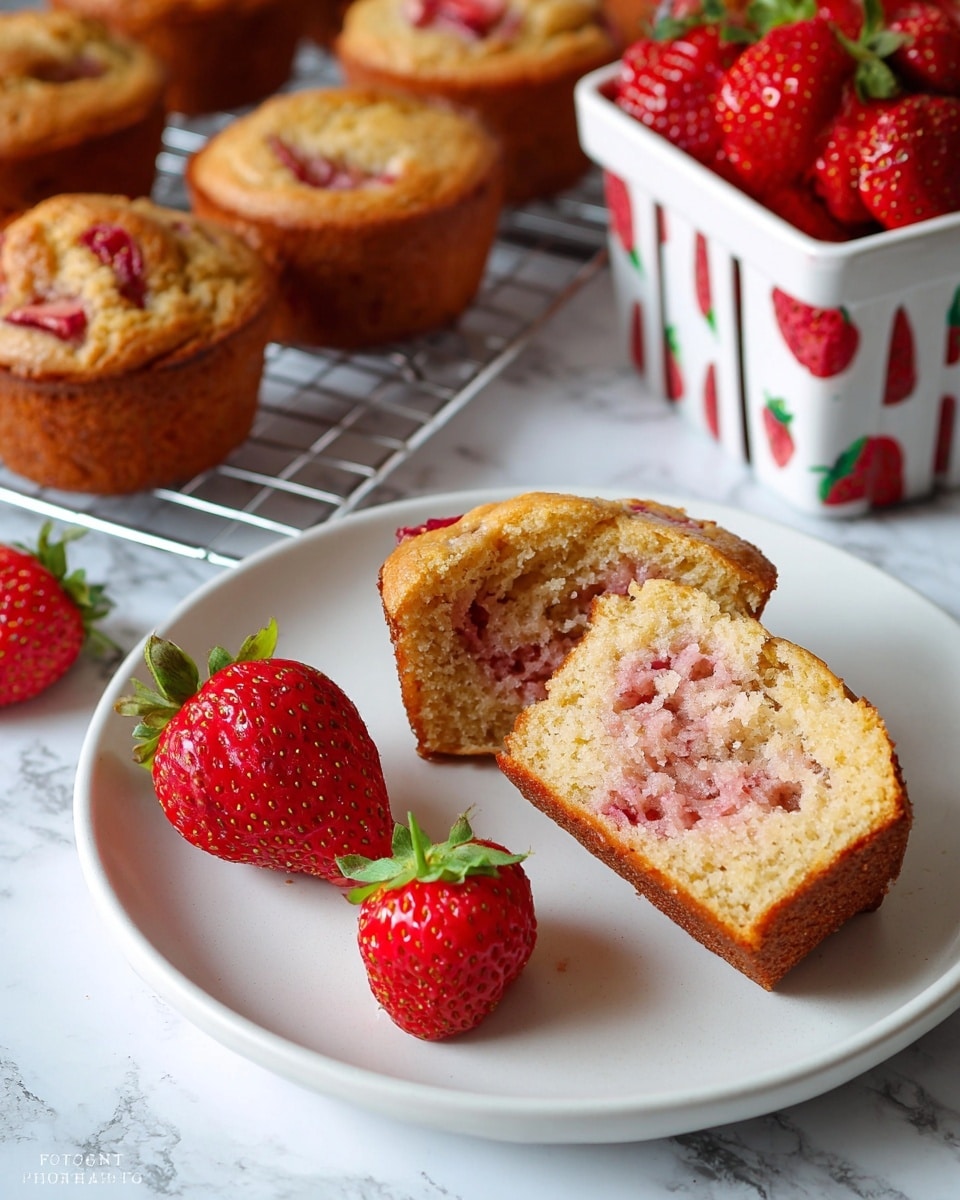 The image shows a white plate with a sliced strawberry muffin on it, revealing two layers inside: a soft golden brown outer cake layer and a light pink, moist strawberry-filled interior layer with chunks of strawberries. Around the sliced muffin, there are two whole bright red strawberries with green leaves. In the background, more whole strawberry muffins with a golden crust and pieces of strawberry on top are cooling on a metal rack. To the right, a white container with a strawberry pattern holds fresh, shiny red strawberries. The setting is on a white marbled surface. photo taken with an iphone --ar 4:5 --v 7