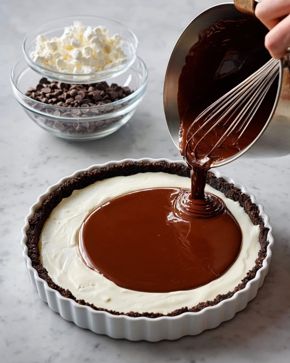 A round chocolate tart with a smooth, shiny dark brown top layer sprinkled with large flakes of sea salt. The tart has a scalloped edge and is sliced into six pieces, with one piece being lifted up by a silver spatula on the right side, showing a thin, darker brown crust layer below the top chocolate layer. The tart sits on a white plate placed on a white marbled surface. A light blue cloth is draped behind the plate, and three forks with colorful floral handles lie to the bottom left of the plate. Photo taken with an iphone --ar 4:5 --v 7