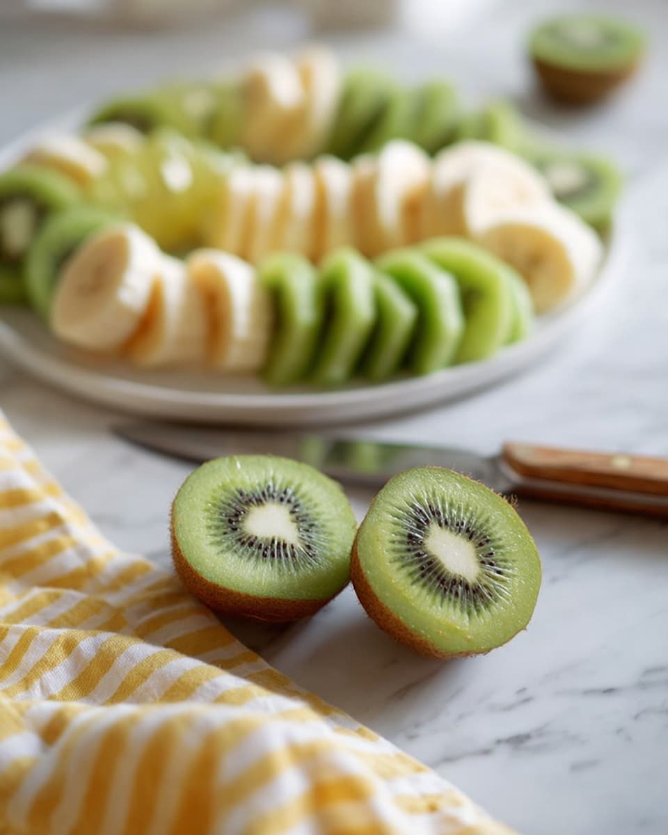 A close-up photo of a pie with three layers: the bottom layer is a crumbly light brown crust, the middle layer is smooth white cream, and the top layer is arranged slices of yellow kiwi fruit with small black seeds in the center. The pie is partly eaten, showing the layers clearly, and it sits on a white lace doily on a white marbled surface. In the background, there is a bright yellow sunflower slightly out of focus. Photo taken with an iphone --ar 4:5 --v 7