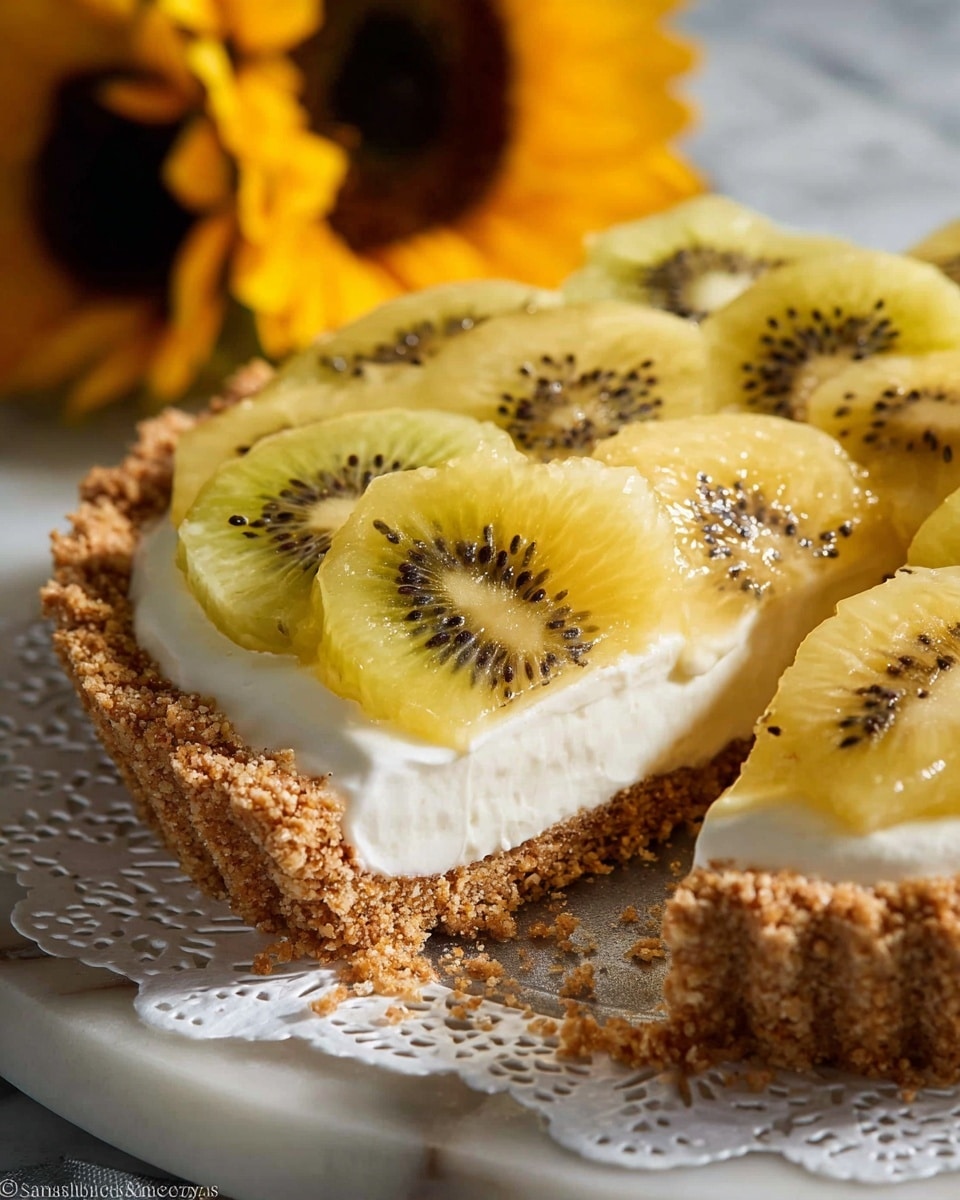 The image shows a tart with three visible layers, placed on a wooden slice on a white marbled surface. The bottom layer is a crumbly light brown crust that lines the edges closely. The middle layer is thick, white cream spread evenly inside the crust. The top layer consists of thin, round slices of golden kiwi fruit arranged in overlapping circles covering the cream fully, showing the greenish seeds inside. Nearby on a white plate are a whole kiwi and two halves showing the golden flesh and black seeds. Three bright yellow sunflowers with dark centers are on the upper left side, adding color contrast. Photo taken with an iphone --ar 4:5 --v 7