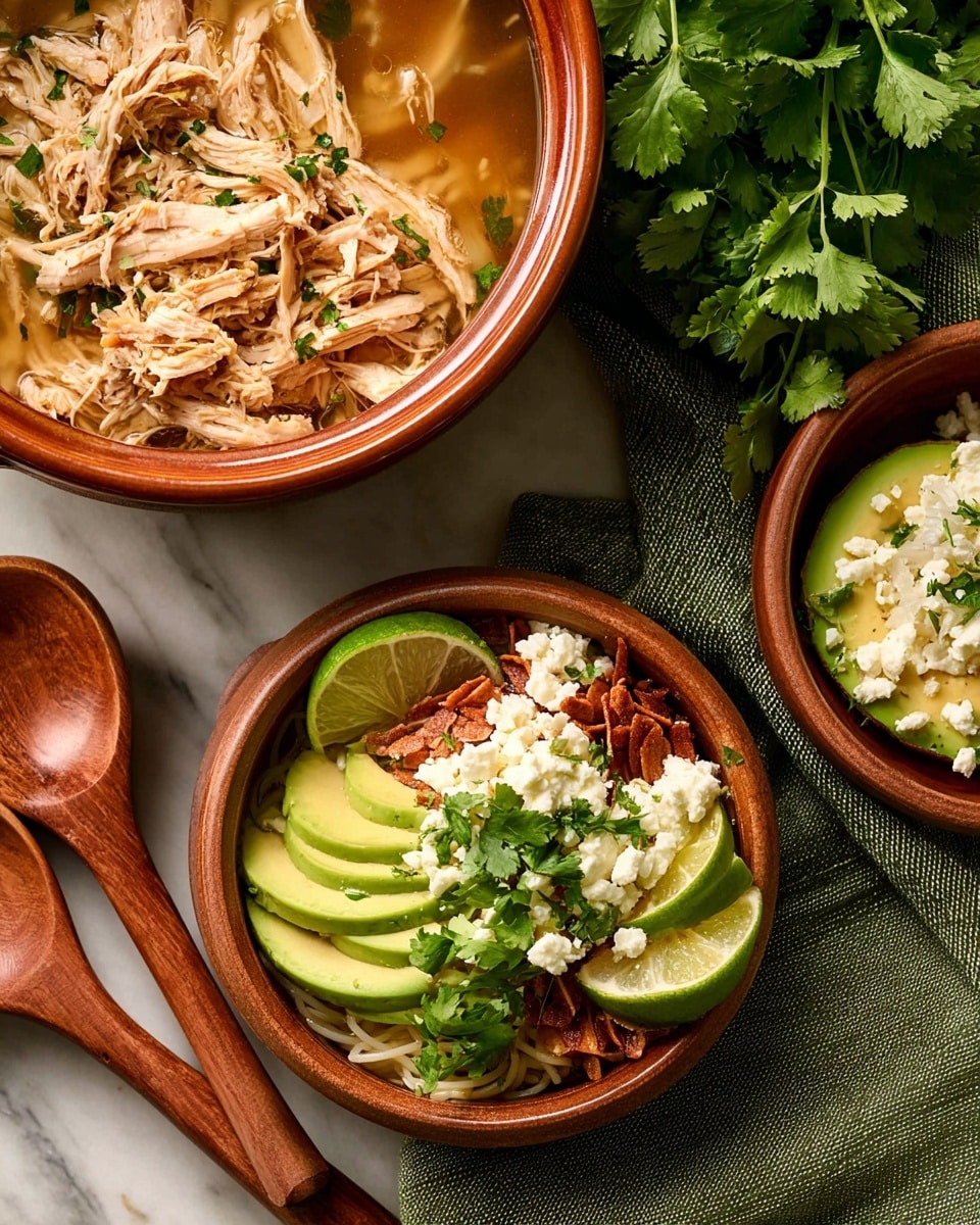 A large white pot filled with a warm brown broth soup that has shredded light brown chicken and thin brown noodles scattered throughout, topped with small green cilantro leaves. Next to the pot, a small round white plate holds half a bright green avocado with the seed, a lime wedge, fresh green cilantro, and white crumbly cheese. On the right side, two stacked small white bowls contain two wooden spoons resting inside the top bowl. There is also a small white bowl with colorful dried chili peppers. The surface is a white marble texture, and a green striped cloth is partially under the pot. Photo taken with an iphone --ar 4:5 --v 7
