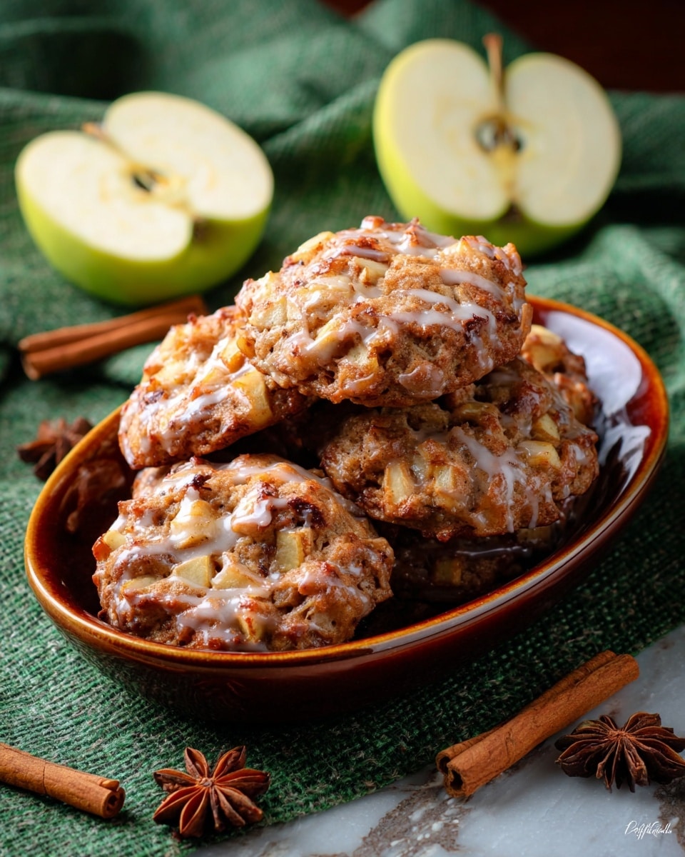 A brown oval dish holds five apple cinnamon cookies stacked in layers, each cookie showing chunks of apple and a light drizzle of glaze that shines slightly. The cookies have a golden-brown color with rough, uneven surfaces rich with apple pieces. The dish sits on a textured green cloth on a white marbled surface. Around the dish, there are two apple halves with pale yellow and light green skin, star anise, and brown cinnamon sticks scattered softly in the background. Photo taken with an iphone --ar 4:5 --v 7