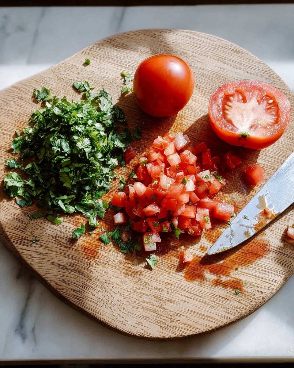 A wooden cutting board with a white marbled surface underneath holds fresh, finely chopped green herbs on the left side, small diced red tomato pieces in the center, a whole round red tomato above the diced pieces, and a halved tomato with visible seeds on the right side next to a knife with some tomato juice near its blade, photo taken with an iphone --ar 4:5 --v 7