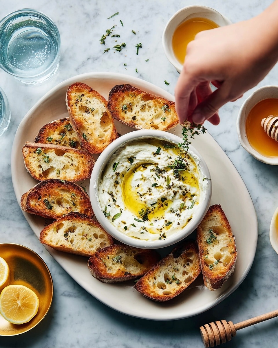 A round gray bowl filled with creamy white dip swirled to show a smooth, whipped texture topped with small green herb leaves, black pepper, and light golden olive oil drizzled across the surface. The bowl sits on a white plate surrounded by crispy golden brown toasted bread slices with textured crusts and sprinkled with coarse salt. The whole setup rests on a white marbled surface. photo taken with an iphone --ar 4:5 --v 7