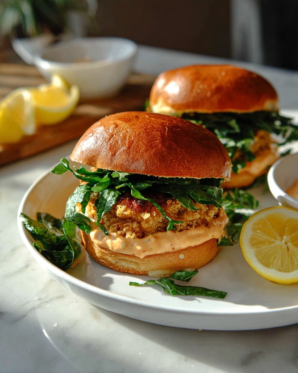 Two crunchy golden brown patties sit on shredded dark green leafy vegetables, layered on the bottom halves of white buns on a white plate. Each patty has a dollop of creamy light orange sauce sprinkled with green herbs on top. Beside the buns is a small white bowl filled with the same sauce, garnished with chopped green herbs. Two lemon wedges with bright yellow rinds are placed next to the bowl. The plate is set on a white marbled surface with a slice of lemon in the background. photo taken with an iphone --ar 4:5 --v 7