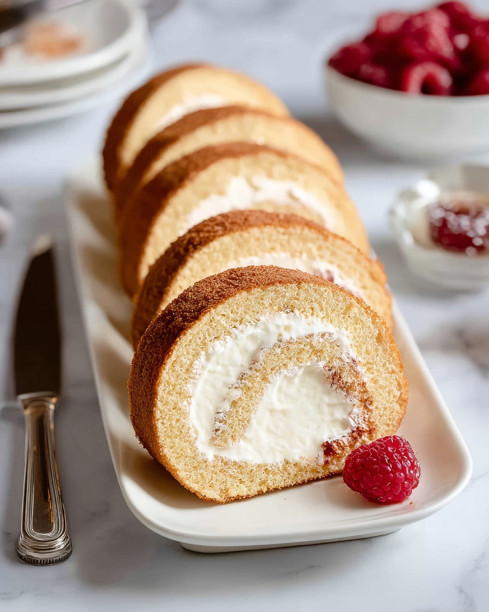 The image shows five thick slices of a light brown Swiss roll cake with a white creamy filling, placed in a slightly overlapping row on a white rectangular plate. The cake has a soft, spongy texture with a smooth cream layer inside spiraled neatly. Around the plate, some bright red raspberries are scattered on a white marbled surface, adding a pop of color. Nearby, a small white plate with a few raspberries and a silver butter knife rests on the surface. In the background, a clear glass bowl with coarse white sugar and a smaller white bowl of raspberries sit slightly out of focus. photo taken with an iphone --ar 4:5 --v 7