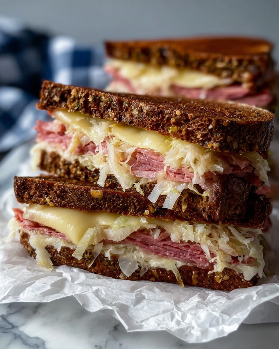 The image shows three parts of making a sandwich, placed on a white marbled surface. On the left is a white frying pan with four slices of pink cooked meat that look tender and thin. On the top right, there are four slices of dark bread arranged in a square on a white plate, each slice spread with yellow butter unevenly. Below this, on a white baking tray, the same four bread slices now have square slices of pale yellow cheese with holes, neatly placed on top. A blue and white cloth is partly visible under the pan and plate. photo taken with an iphone --ar 4:5 --v 7