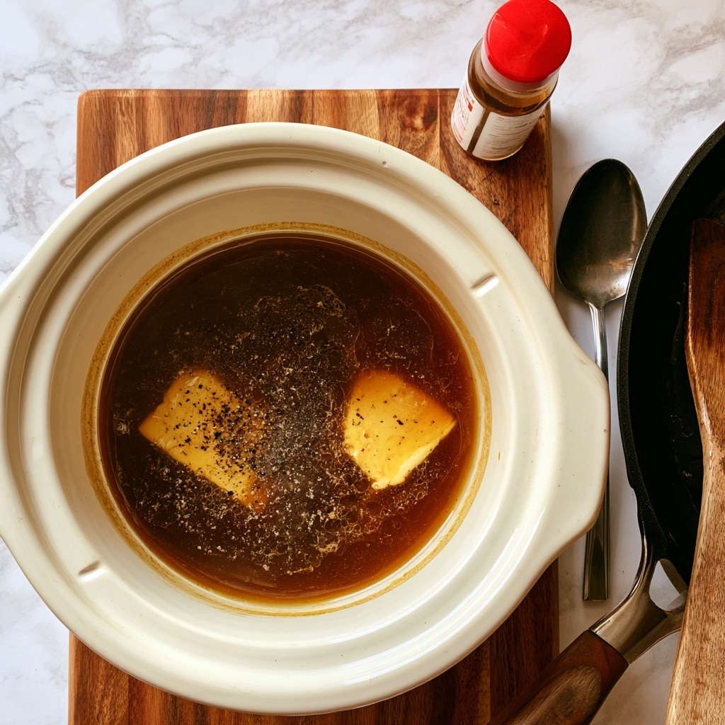A white slow cooker filled with dark brown broth containing two pale yellow pieces of food sprinkled with black pepper on top is placed on a wooden cutting board. To the right of the cooker, there is a small bottle with a red cap and a white label, a metal spoon, and a black frying pan with a wooden spatula inside it. The background is a white marbled texture. Photo taken with an iphone --ar 4:5 --v 7