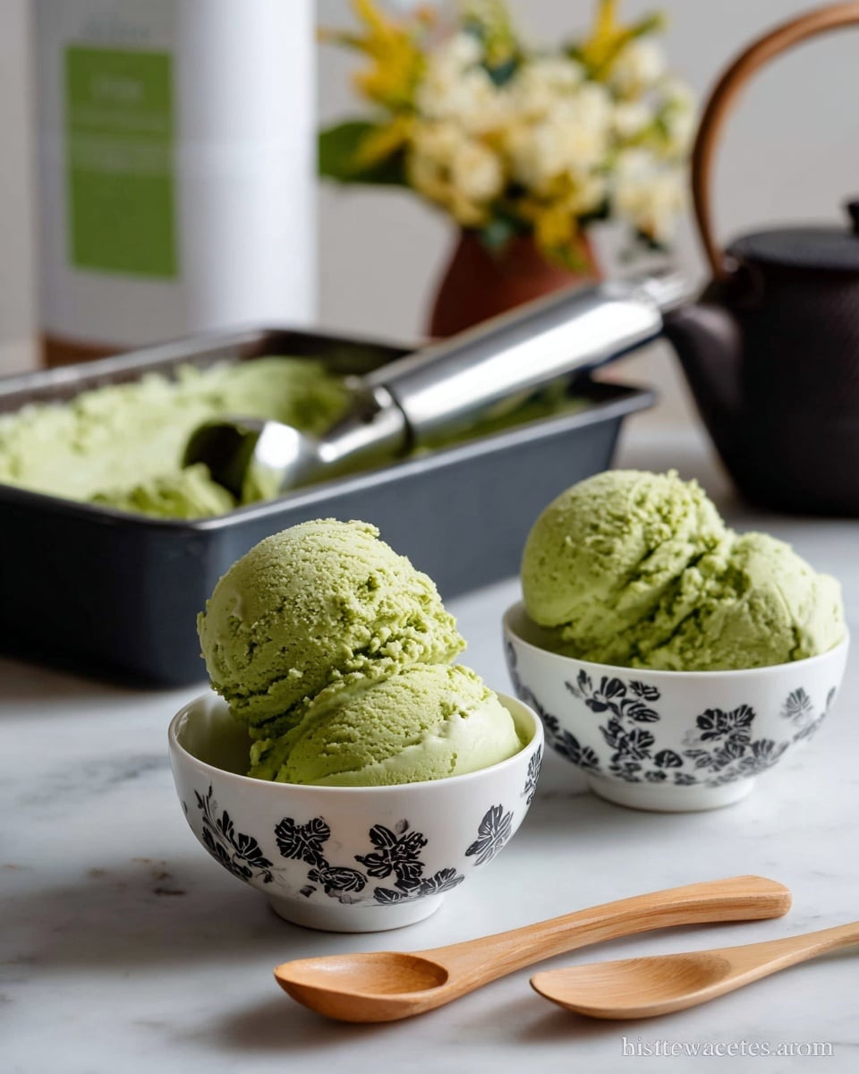 Two scoops of green matcha ice cream sit in each of two small white bowls decorated with black floral patterns. The ice cream has a smooth, creamy texture with a pale green color. In front of each bowl lies a light brown wooden spoon on a white marbled surface. In the background, a dark ice cream tray with leftover matcha ice cream and a silver ice cream scooper rest slightly blurred. To the left, there is a white container with a green label. Soft yellow flowers and a dark teapot with a light brown handle are visible behind the setup. The photo has a bright and clean feel, photo taken with an iphone --ar 4:5 --v 7