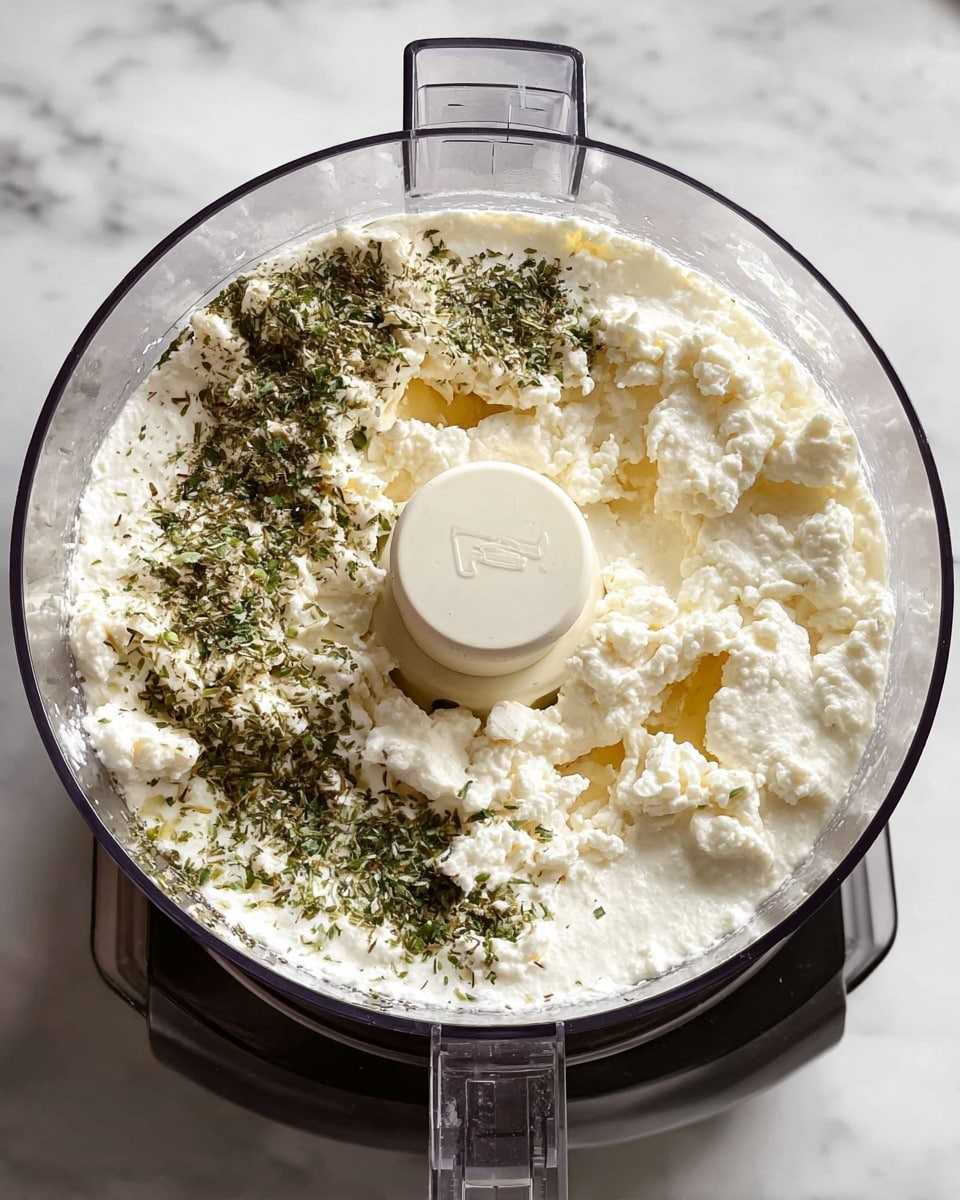A clear food processor bowl filled with white cottage cheese base layered with a dusting of green dried herbs scattered mostly on one side, creating contrast against the soft, curdy texture of the cheese. The food processor sits on a white marbled countertop, with a centered clear lid locking mechanism visible at the top of the image. The cheese shows small lumps and cream, while the herbs add a speckled pattern across the surface, all inside the circular transparent container. photo taken with an iphone --ar 4:5 --v 7