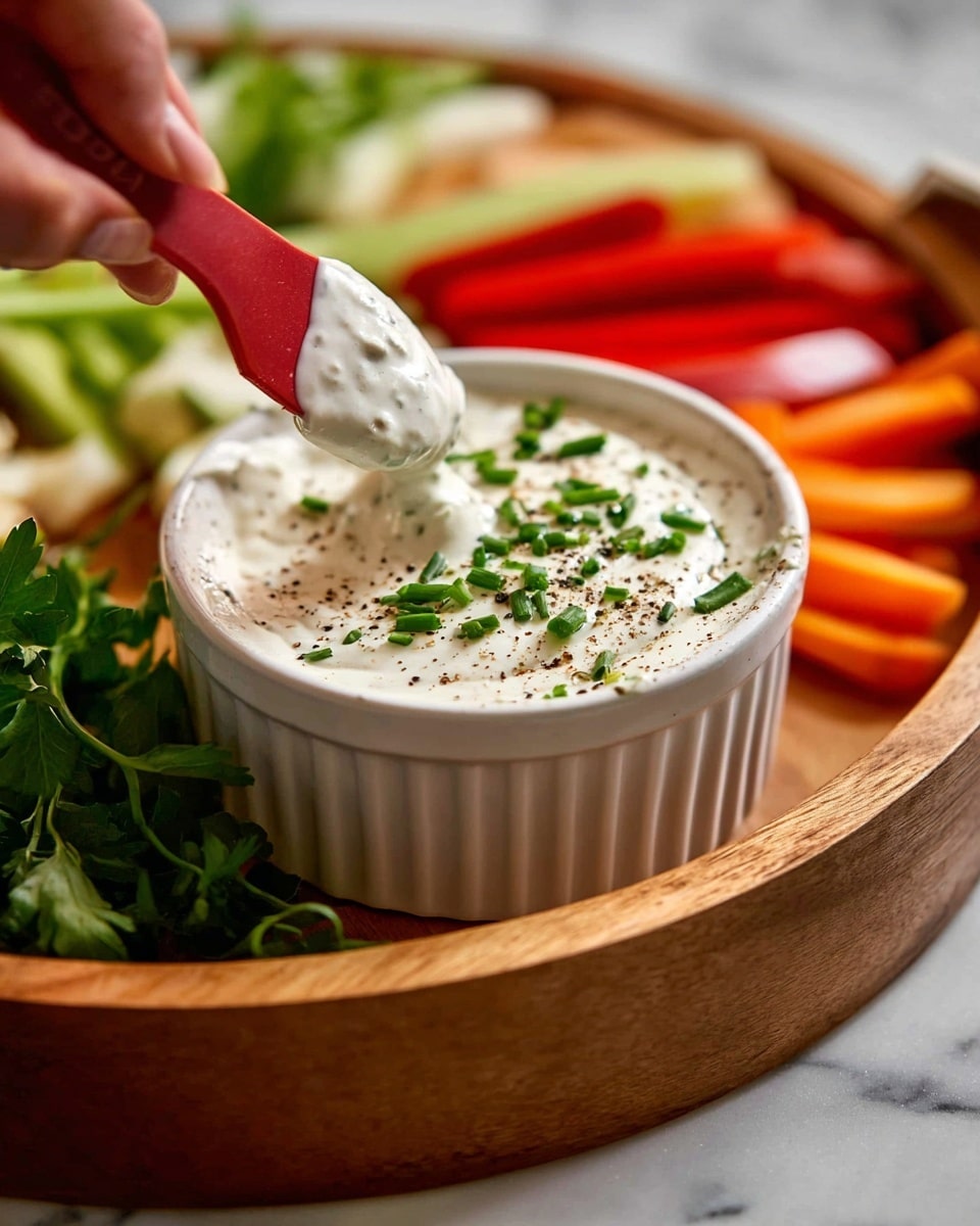 A white ramekin bowl filled with thick, creamy white dip speckled with black pepper and topped with small chopped green chives sits on a wooden tray. A woman's hand holds a red silicone spatula dipping into the smooth sauce, with some dip dripping back into the bowl. Around the bowl, fresh green leaves and sliced vegetables in shades of red, orange, and green are slightly blurred in the background. The whole setting rests on a white marbled surface. photo taken with an iphone --ar 4:5 --v 7