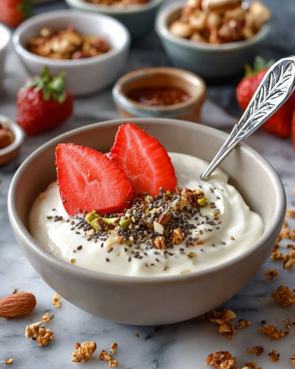 A white bowl filled with one thick layer of creamy white yogurt topped with two bright red sliced strawberries standing upright. Scattered over the yogurt and strawberries are small clusters of brown granola pieces and tiny black chia seeds. The bowl is placed on a white marbled surface with some granola pieces spilled around it. In the background, several small bowls with more granola and nuts are visible, slightly out of focus. A silver spoon with a decorative leaf handle is resting inside the bowl. Photo taken with an iphone --ar 4:5 --v 7