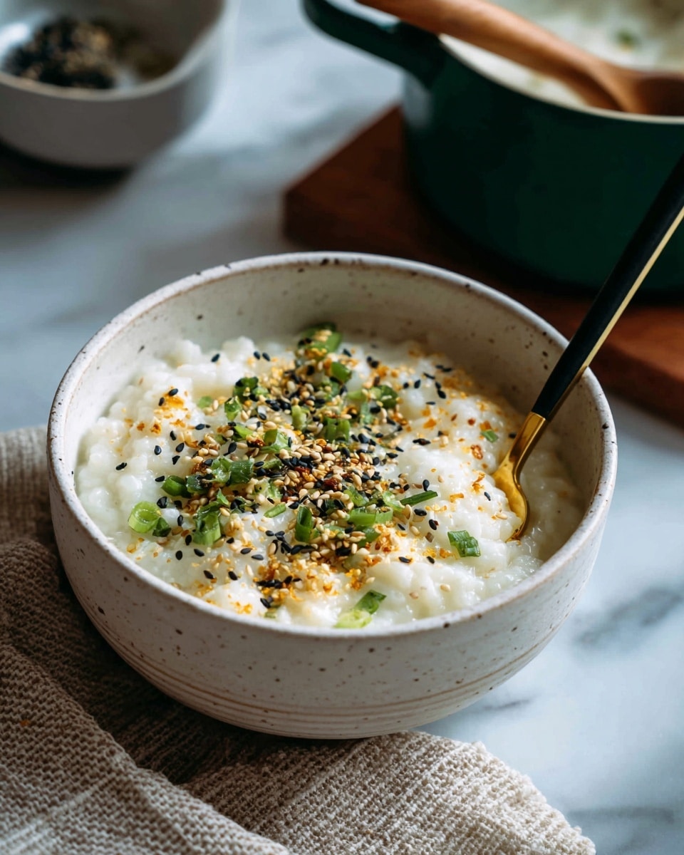 A white speckled bowl filled with creamy white rice porridge, topped with small pieces of green spring onion, black sesame seeds, and golden toasted bits sprinkled evenly on the surface. A black spoon with a gold handle is placed inside the porridge on the right side. The bowl sits on a white marbled surface with a beige textured cloth nearby. In the background, there is a green pot with a wooden handle and white inside, slightly out of focus. photo taken with an iphone --ar 4:5 --v 7