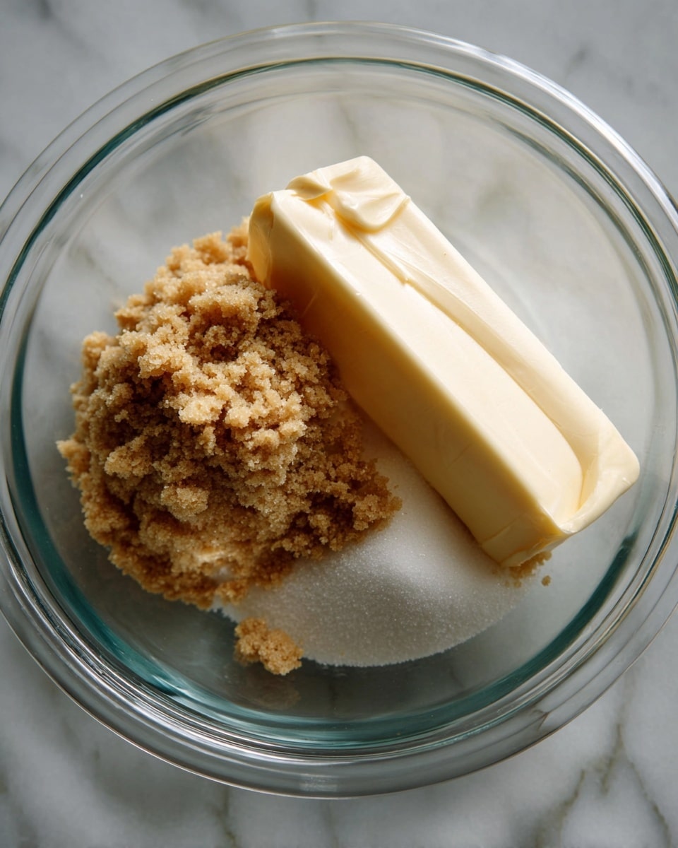 A clear glass bowl sits on a white marbled surface, containing three layers of ingredients: a mound of light brown packed sugar on top left, fine white sugar on the bottom right, and a thick, pale yellow stick of softened butter resting diagonally over the sugars. The textures show the soft, crumbly sugar contrasting with the smoothness of the butter. Photo taken with an iphone --ar 4:5 --v 7
