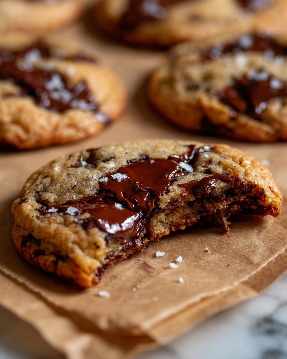 A close-up view of a chocolate chip cookie broken in half, showing one main layer of soft, golden-brown dough with dark brown melted chocolate chunks inside. The center has a shiny, smooth chocolate pool, and small grains of white salt are scattered on top. The cookie rests on crinkled parchment paper with a light brown tone, and blurred similar cookies can be seen in the background on a white marbled texture. photo taken with an iphone --ar 4:5 --v 7
