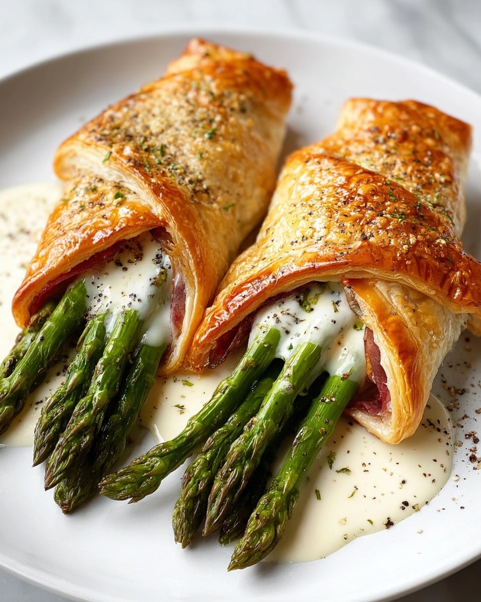 Two golden brown puff pastry cones are placed side by side on a white plate, each filled with bright green asparagus spears that stick out from the open end. The pastries have a flaky texture and are topped with a smooth, white creamy sauce sprinkled with black pepper. Underneath the asparagus, there is a soft, pale layer of cheese or filling visible inside the pastry. Patches of sauce also sit on the plate around the pastries. The whole scene is set against a white marbled surface. photo taken with an iphone --ar 4:5 --v 7