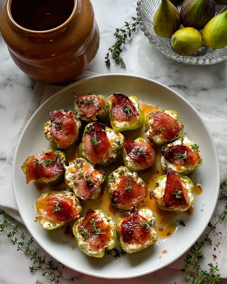 A white round plate holds about sixteen small stuffed figs arranged in three rows. Each fig has three visible layers: a greenish outer skin, a creamy white cheese layer inside, and a shiny, red-orange glaze on top with some darker roasted spots. Small green herbs are lightly sprinkled over the figs. The plate is placed on a white marbled surface, with a blurred clear bowl filled with green and yellow figs and an orange pumpkin in the background. The lighting is soft and natural, giving the figs a fresh and glossy look. photo taken with an iphone --ar 4:5 --v 7