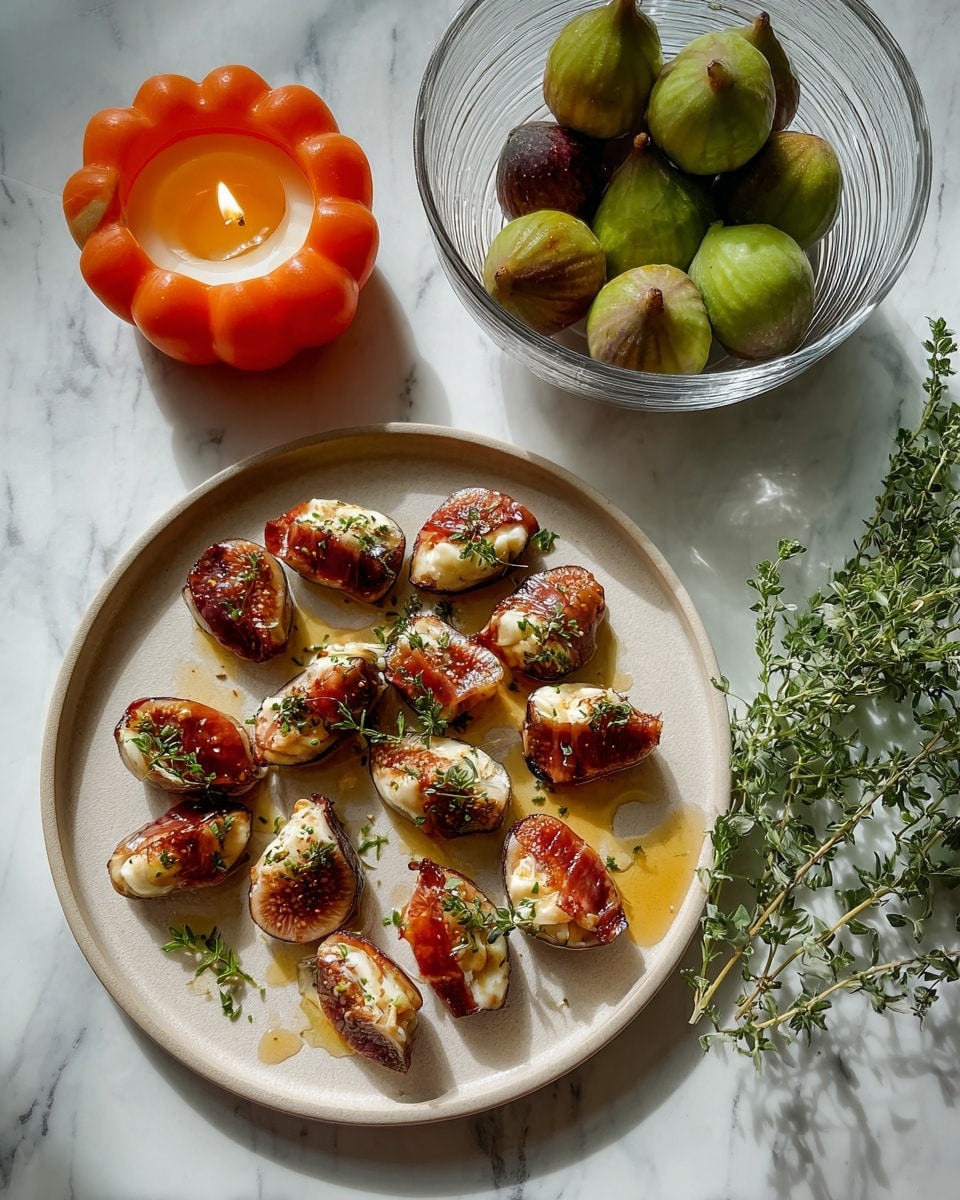 The image shows a round white plate with about fifteen small stuffed peppers arranged in a circle. Each pepper is greenish-yellow and filled with a creamy white cheese layer, topped with a shiny reddish-brown glazed slice of ham that looks slightly charred and caramelized. Tiny green herb leaves are sprinkled on top of the peppers for decoration, and there is a light drizzle of glossy sauce over them. The plate sits on a white marbled surface with a few thyme sprigs nearby and a transparent glass dish filled with green and yellow whole figs to the right. Above the plate, there is a brown ceramic pot with smooth round curves. The overall look is fresh and inviting, with warm tones from the food contrasting the cool white marble background. photo taken with an iphone --ar 4:5 --v 7