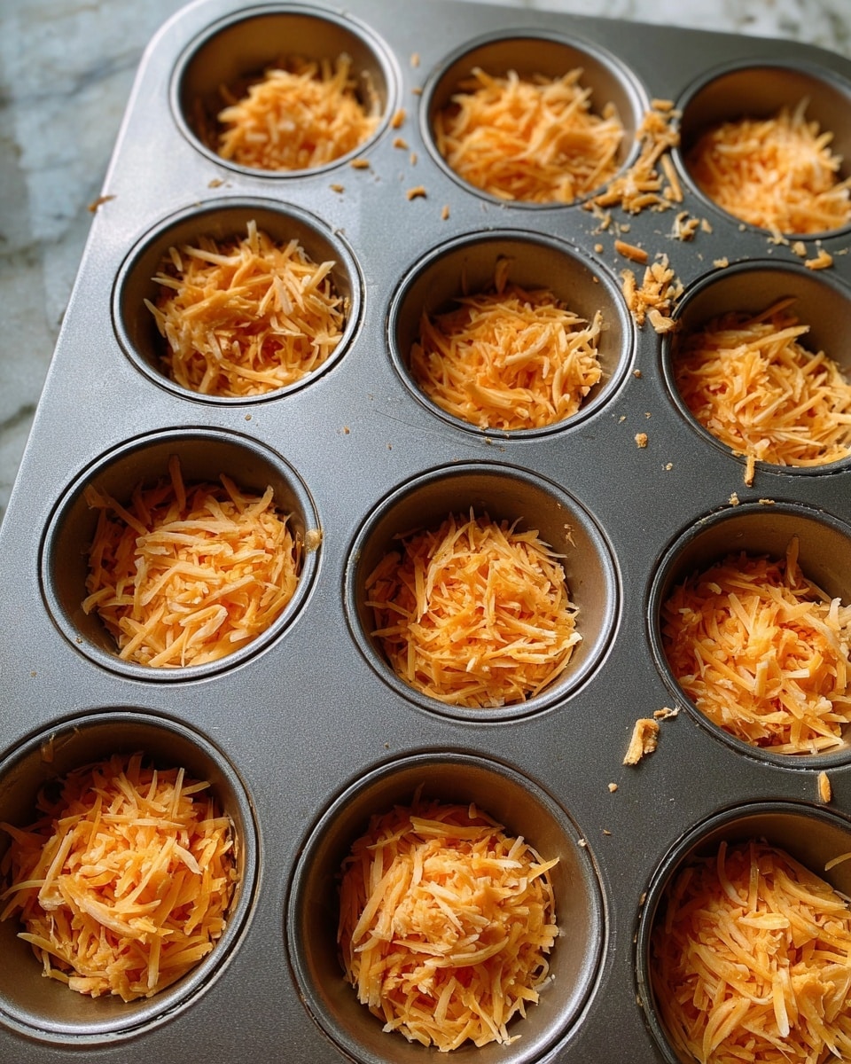 The image shows a metal muffin tray with twelve circular cups, each filled with a single layer of shredded, light orange cheese evenly pressed at the bottom. The shredded cheese has a textured appearance with thin strands overlapping inside each cup. The tray is placed on a white marbled surface, and there are small bits of cheese scattered around some cups. Photo taken with an iphone --ar 4:5 --v 7